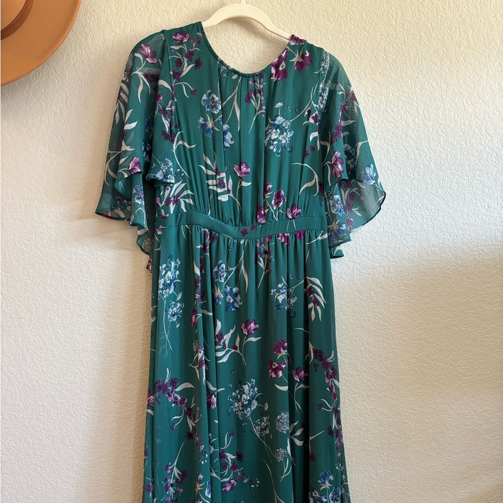 Calvin Klein Teal Green Floral Midi Dress with Purple & Blue Accents